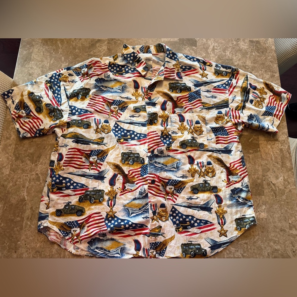 Patriotic Short Sleeve Button Up Shirt Men’s 2XL Military America Red Blue